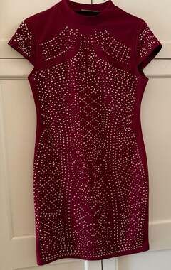 Jasmine Burgundy Short Sleeve Rhinestone Studded Bodycon Dress
